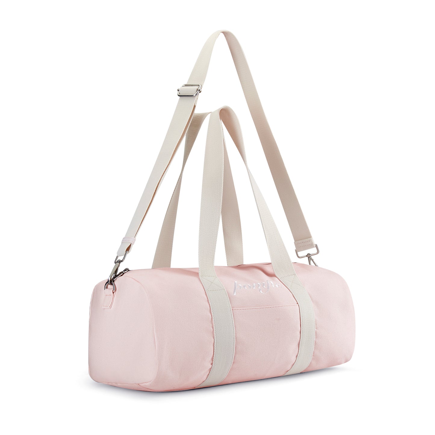 Baby Pink twill cotton Bag. matte silver hardware. Cream shoulder straps. Pomfie embroidered logo on front.