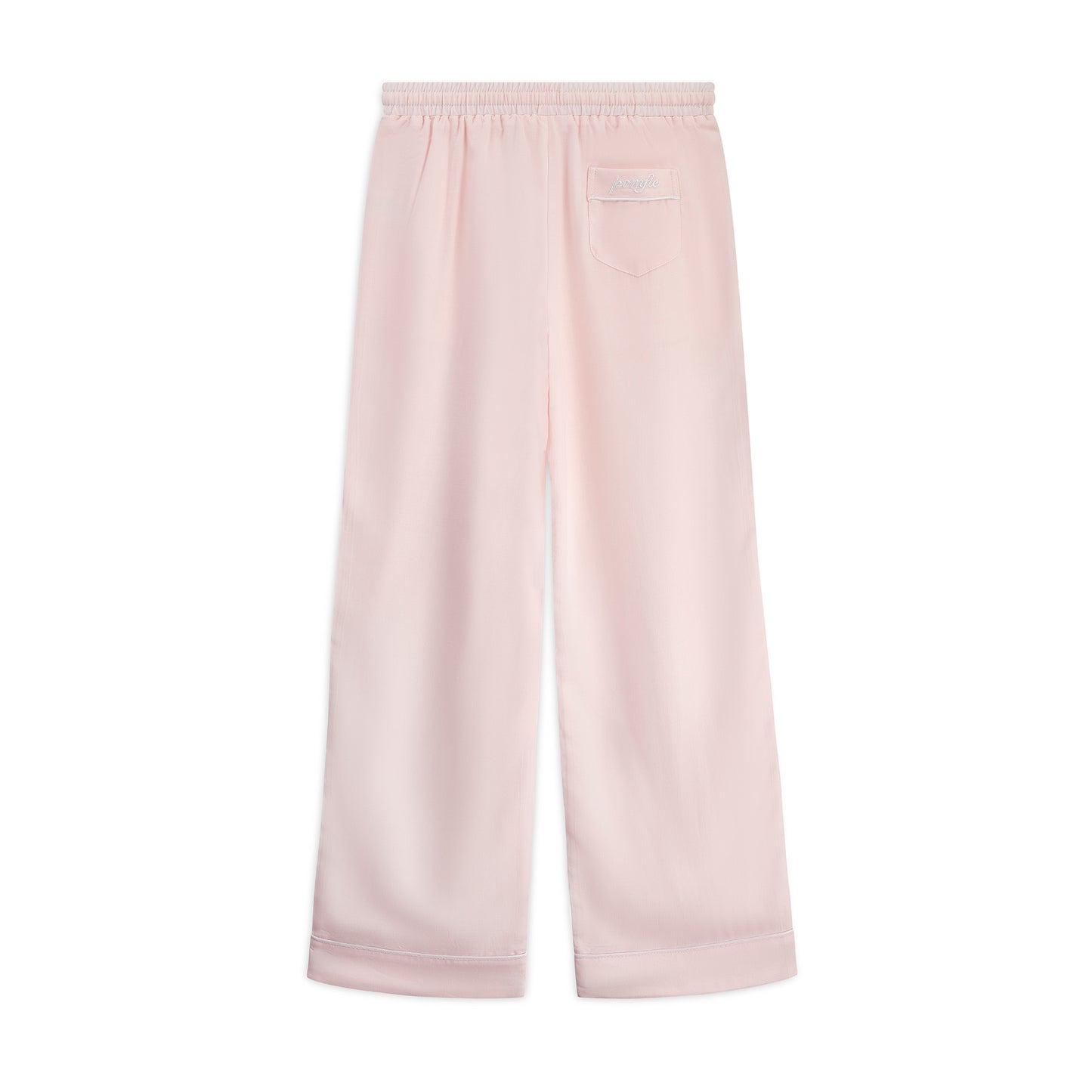 baby pink pyjama bottoms back image. white piping details, 100% tencel