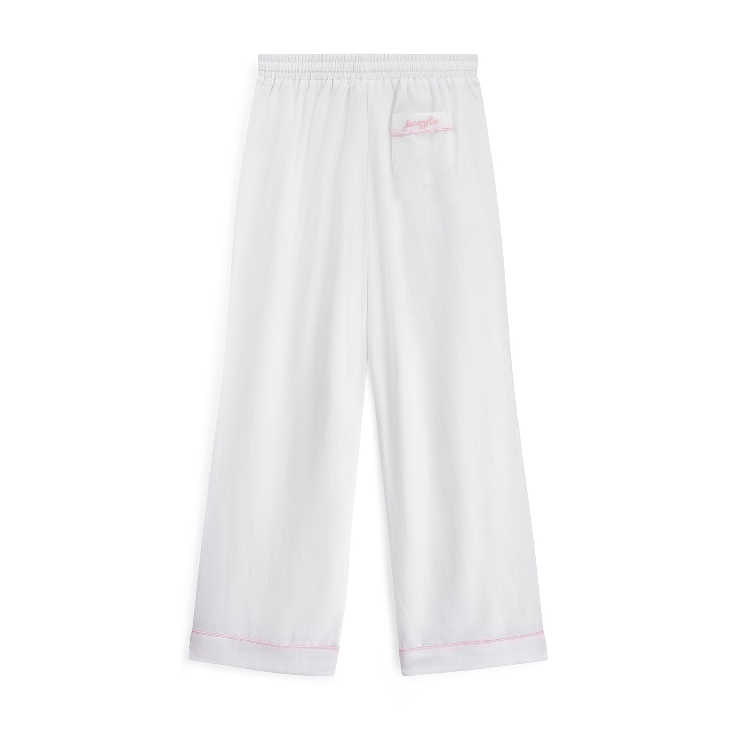 back of white pyjama bottoms with pink piping details