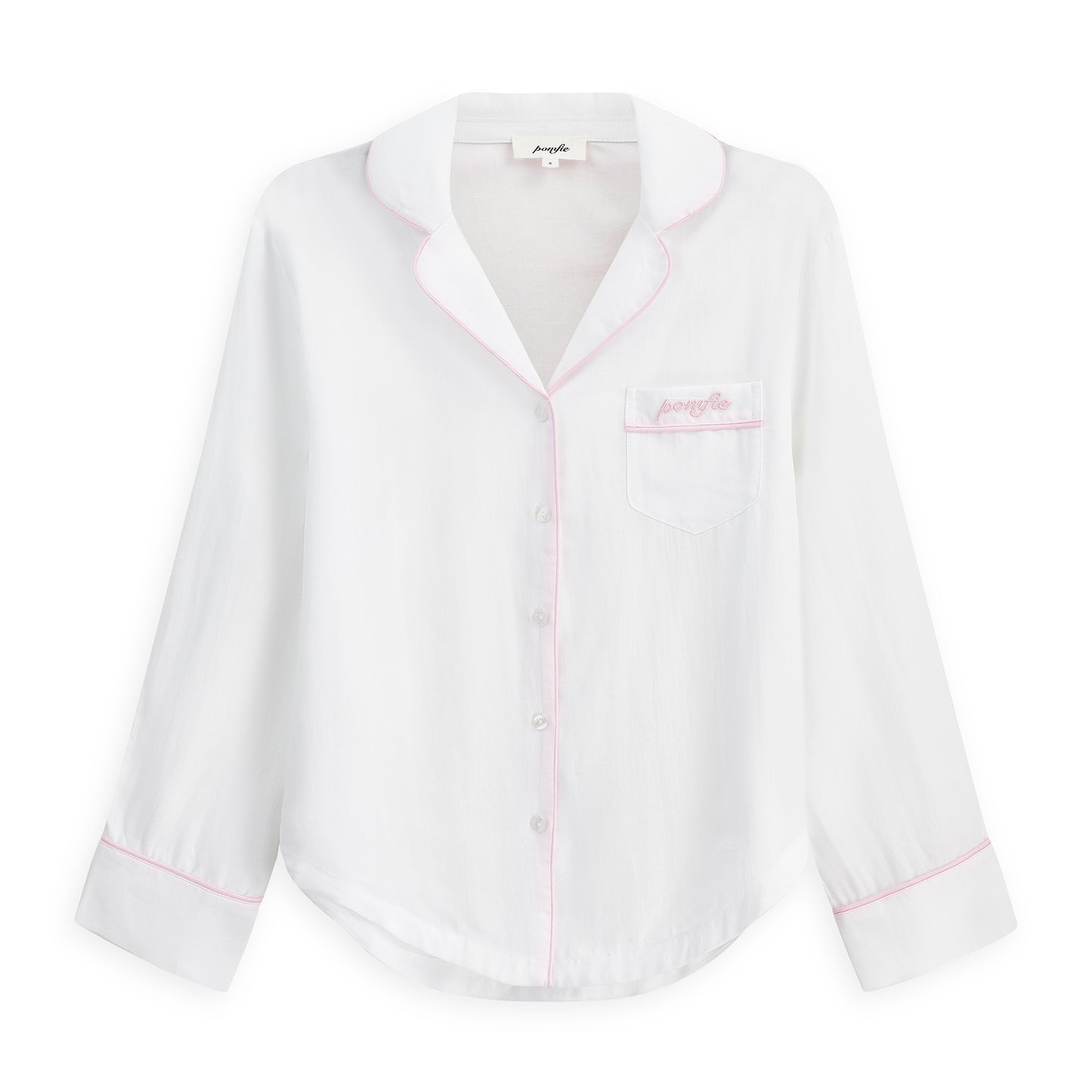 white pyjama shirt with baby pink piping and embroidery of pomfie logo on front pocket.