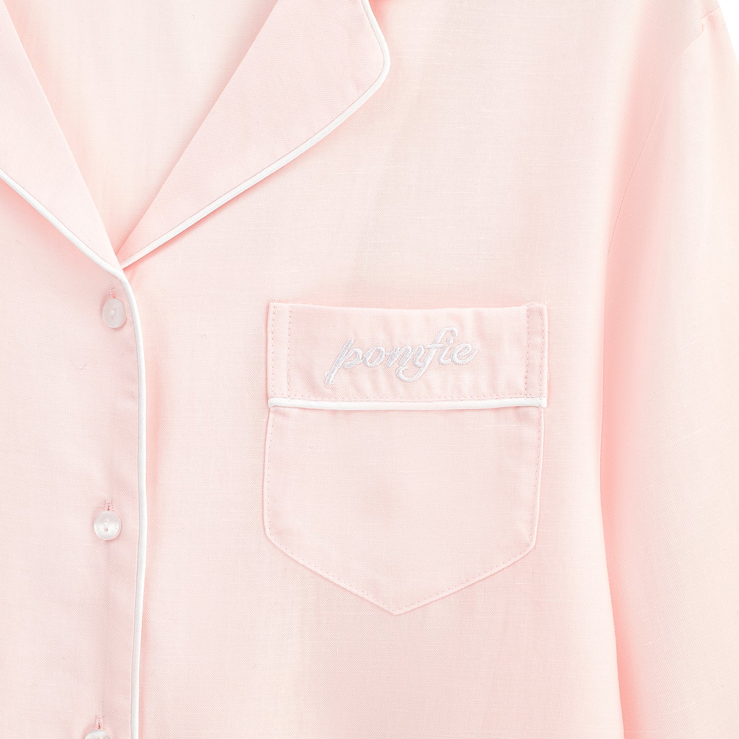 Baby Pink Pyjama Shirt. Pomfie logo embroidered on pocket.