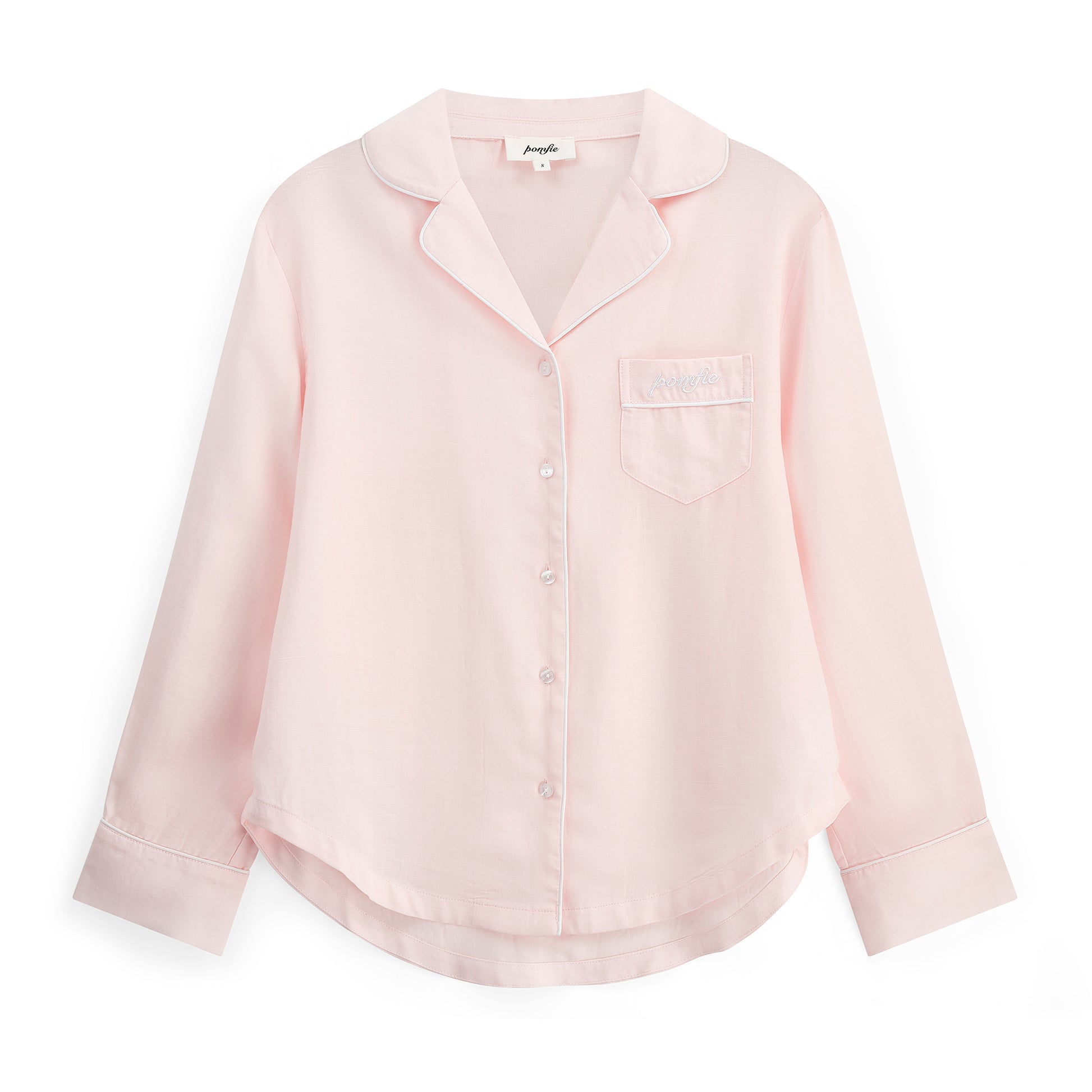 Baby Pink Pyjama Shirt. Made of 100% tencel. White piping details and pomfie logo embroidered on pocket. 